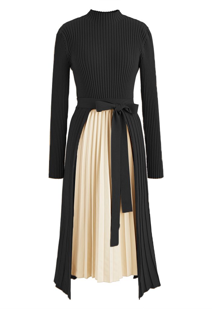 Front Pleats Splicing Belted Hi-Lo Knit Dress in Black - Retro