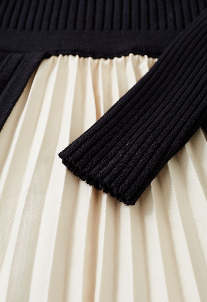 Front Pleats Splicing Belted Hi-Lo Knit Dress in Black