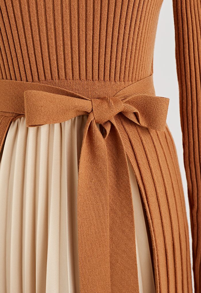 Front Pleats Splicing Belted Hi-Lo Knit Dress in Caramel