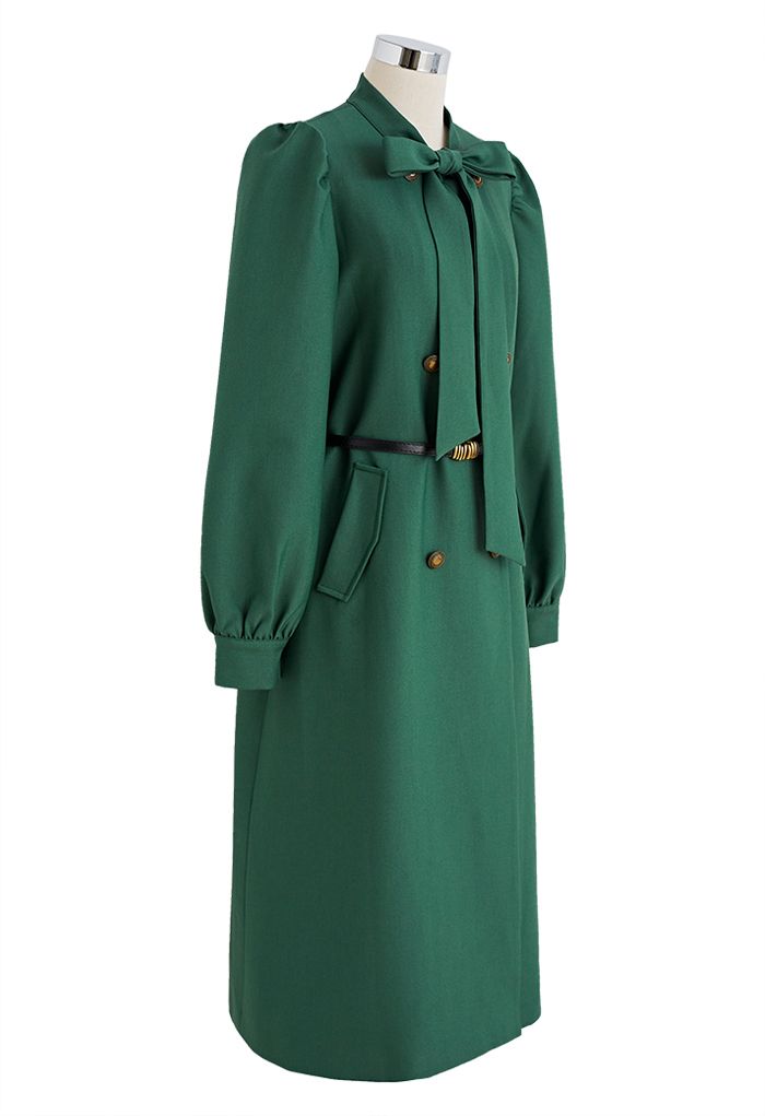 Exquisite Bowknot Double-Breasted Belted Coat in Dark Green - Retro ...