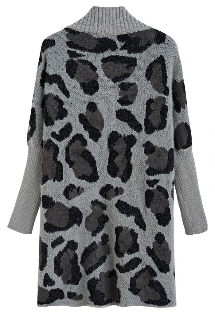 Fuzzy Leopard Batwing Sleeves Open Front Cardigan in Grey