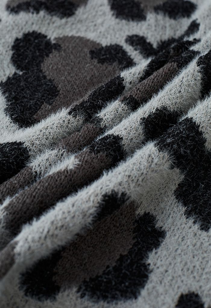 Fuzzy Leopard Batwing Sleeves Open Front Cardigan in Grey