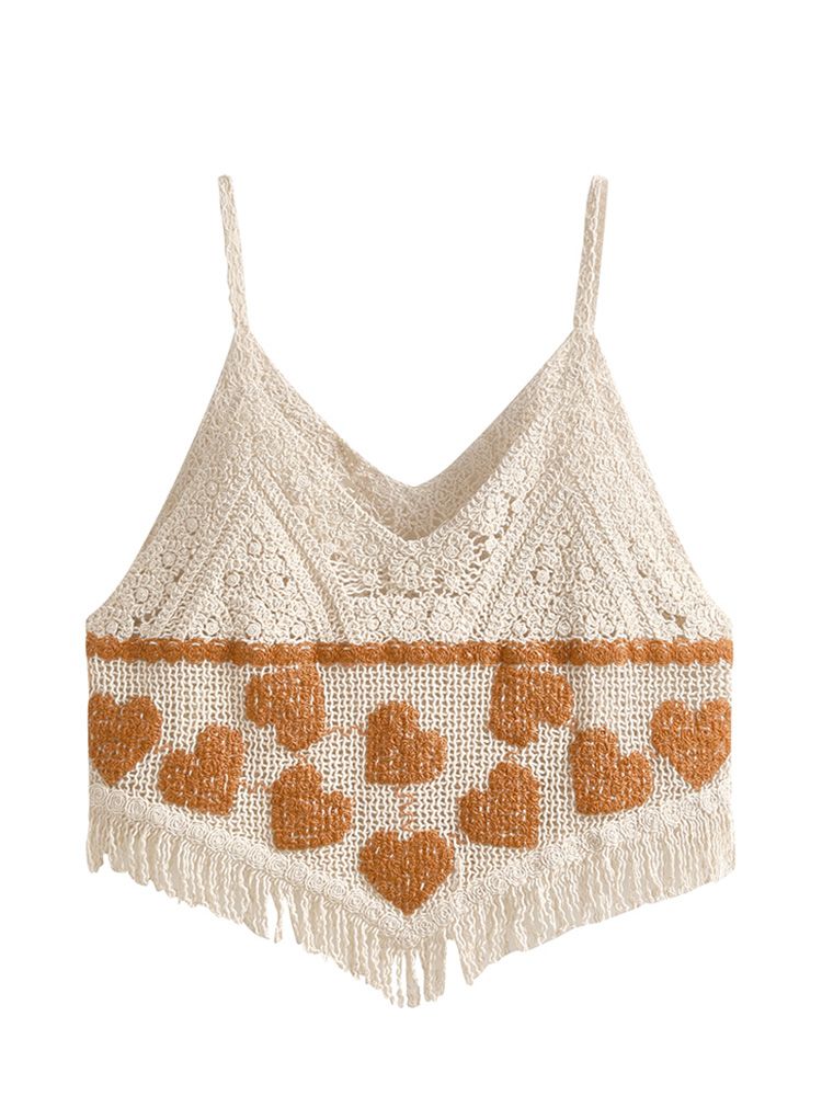 Embroidered Heart Crochet Tank Top in Caramel