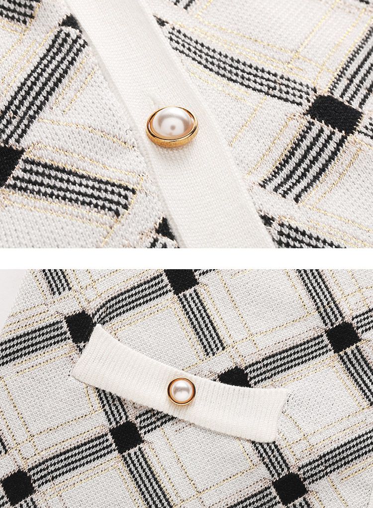 V-Neck Plaid Pattern Knit Cardigan in White