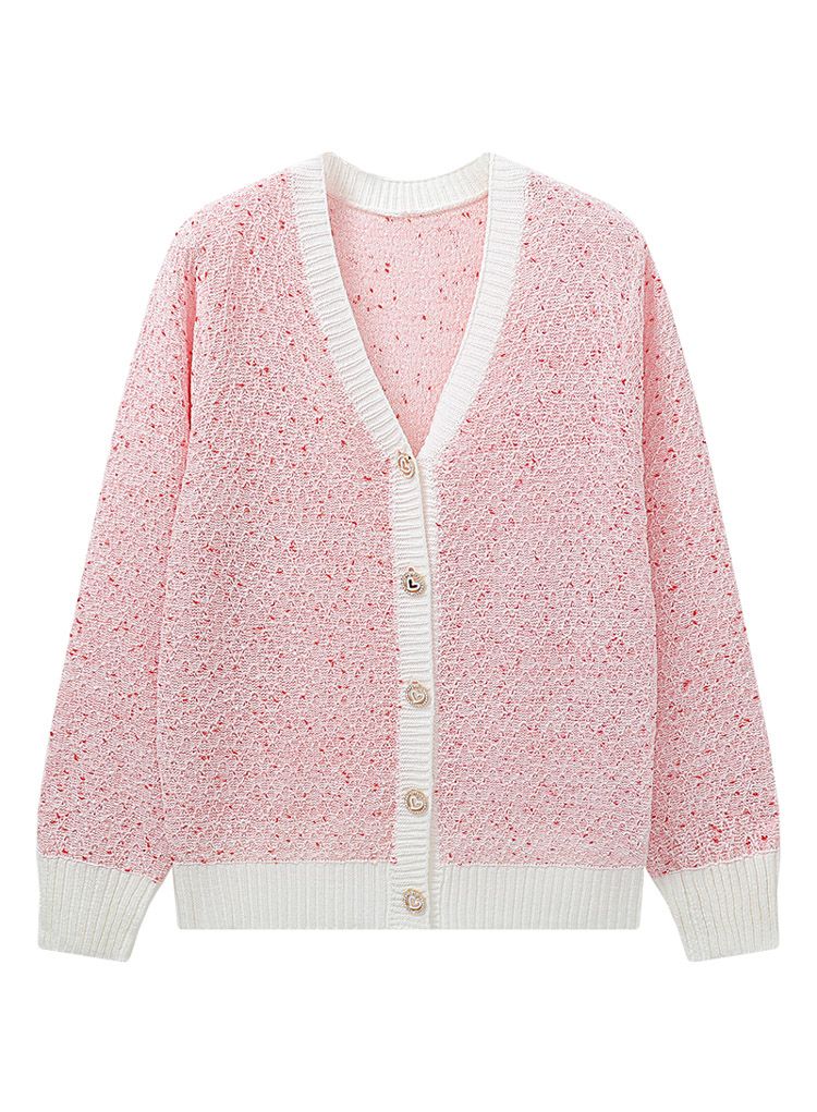 Mixed Knit V-Neck Buttoned Cardigan in Pink