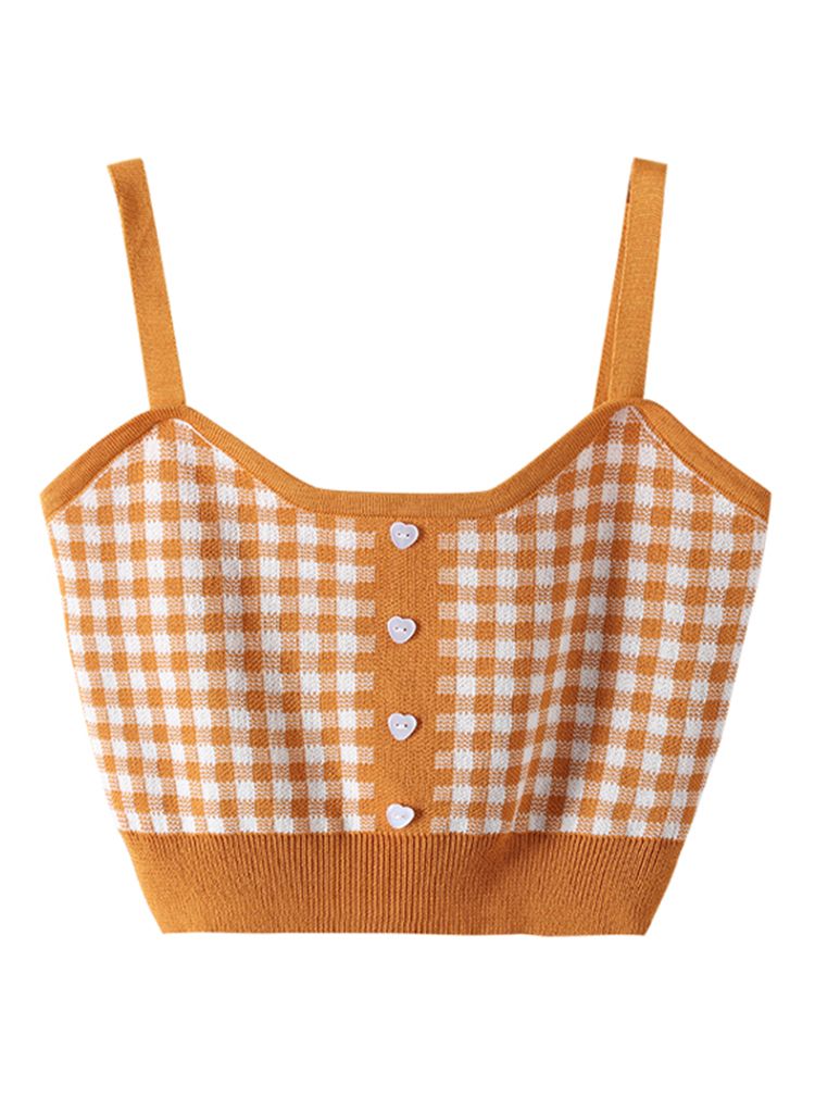 Heart Button Gingham Knit Cami Top in Orange