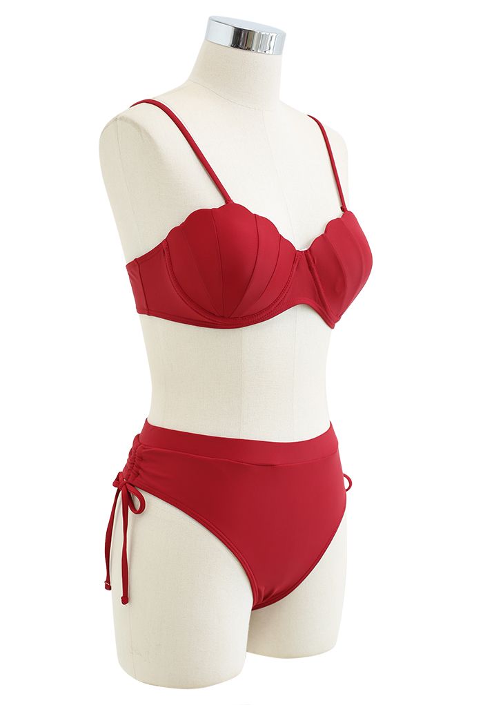 Seashell Shaped Drawstring Bikini Set in Red