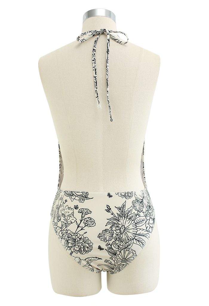 Floral Sketch Open Back Swimsuit in Light Yellow