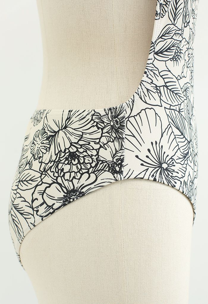Floral Sketch Open Back Swimsuit in Light Yellow