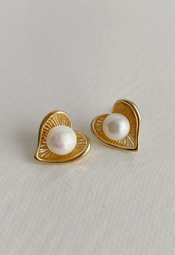 Golden Heart Pearl Earrings