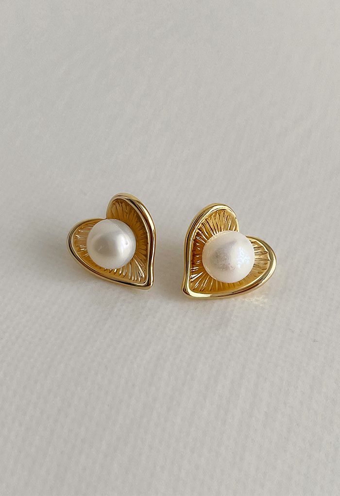 Golden Heart Pearl Earrings