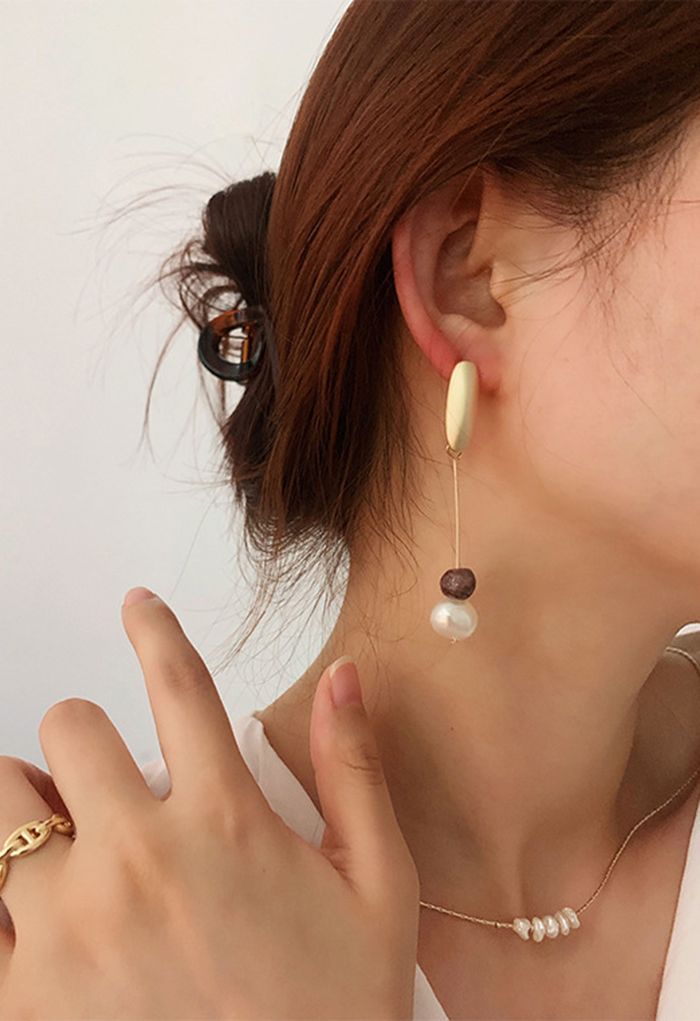 Stone and Pearl Drop Metal Earrings