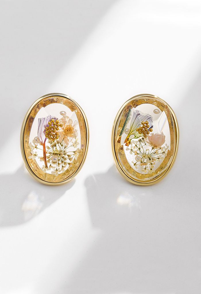 Retro Noble Floral Oval Resin Earrings