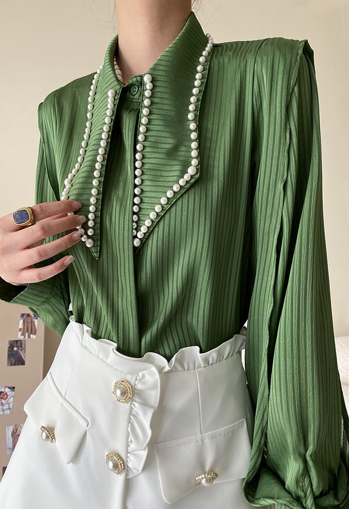 Pearly Collar Satin Buttoned Shirt