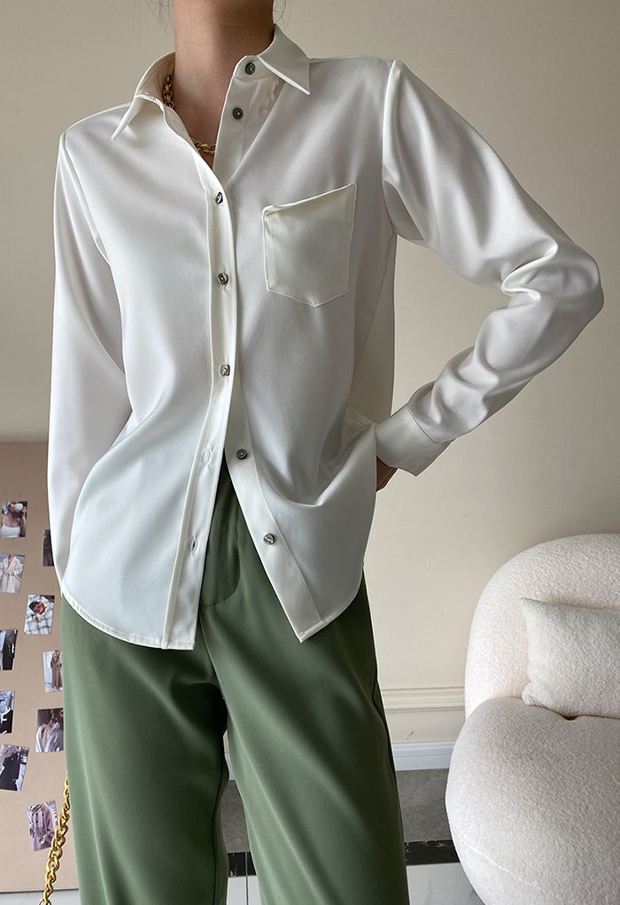 Front Pocket Satin Button Down Shirt in White