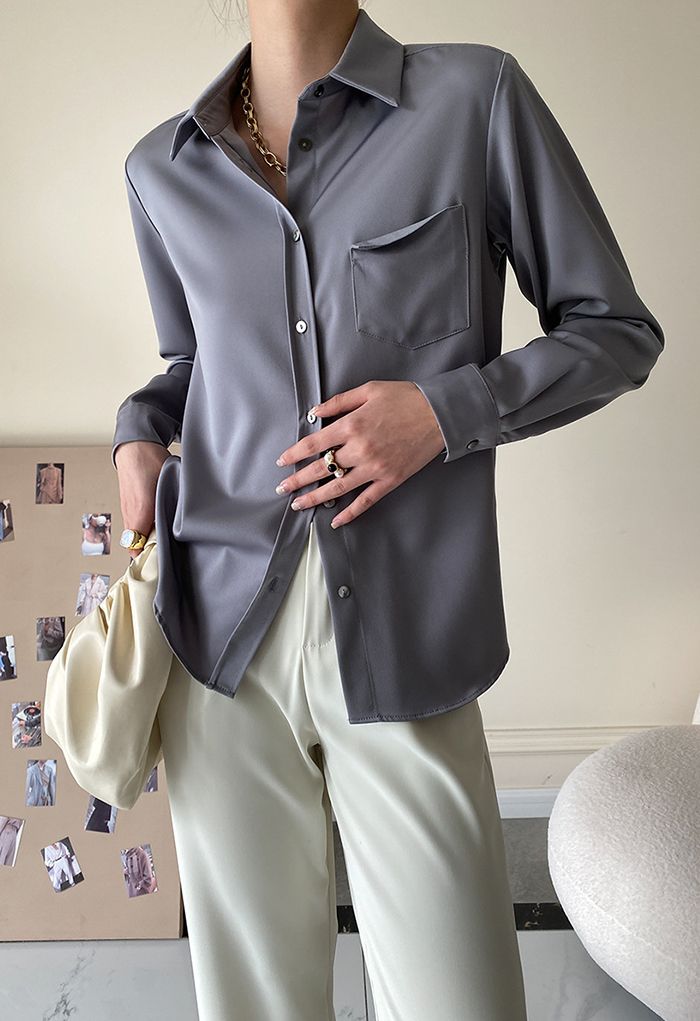 Front Pocket Satin Button Down Shirt in Dusty Blue - Retro, Indie and ...
