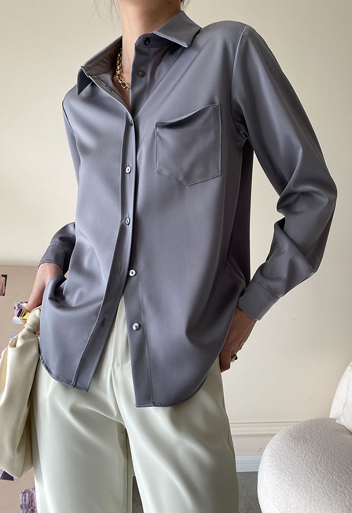 Front Pocket Satin Button Down Shirt in Dusty Blue