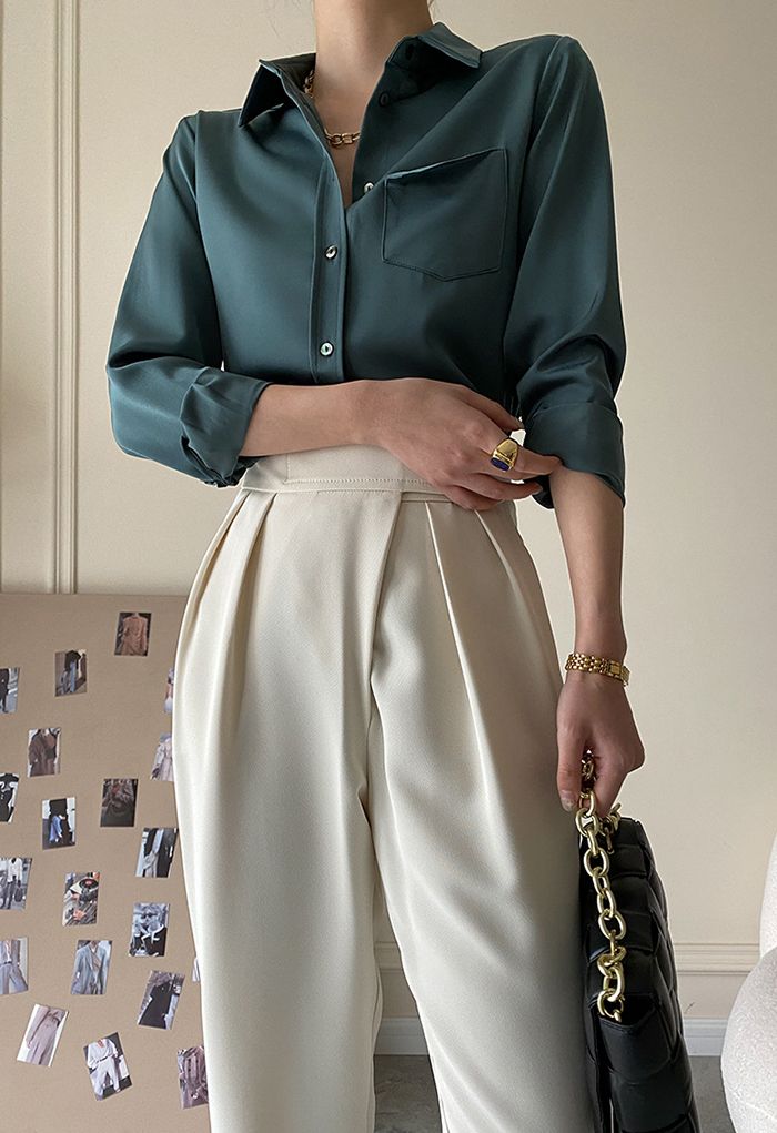 Front Pocket Satin Button Down Shirt in Emerald - Retro, Indie and ...