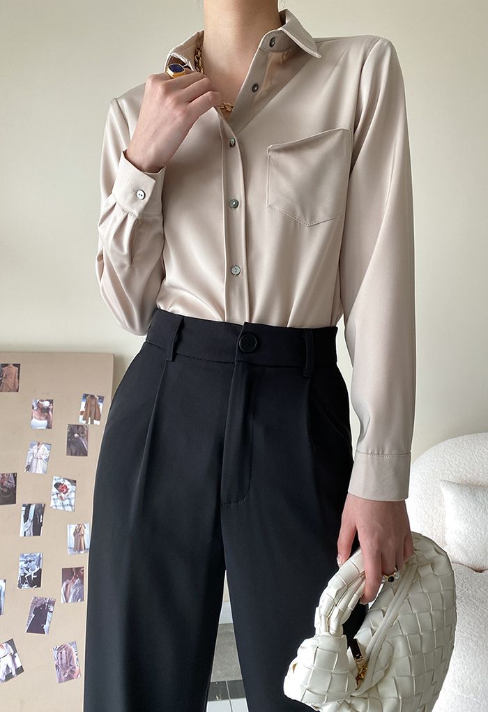 Front Pocket Satin Button Down Shirt in Champagne