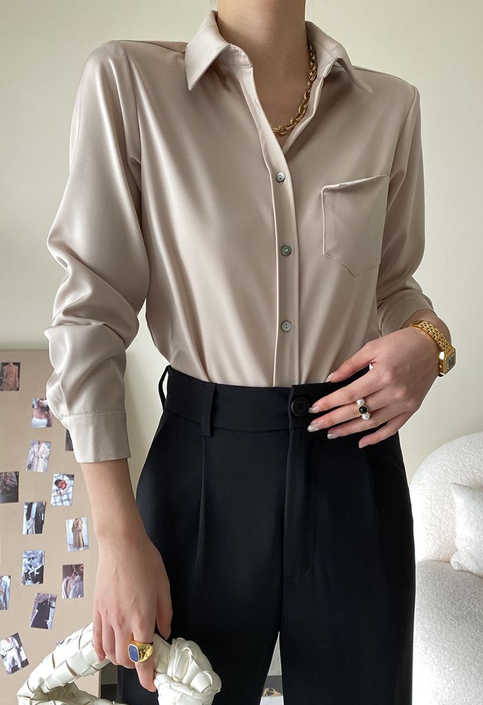 Front Pocket Satin Button Down Shirt in Champagne