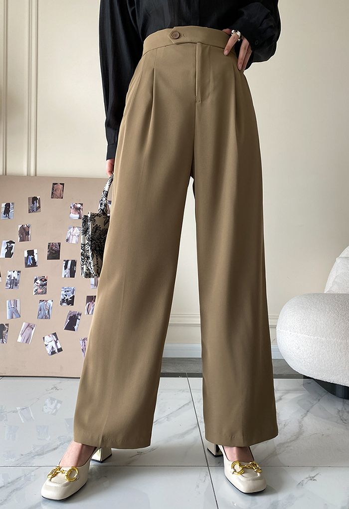 Buttoned Waist Pocket Wide Leg Pants in Tan - Retro, Indie and Unique ...