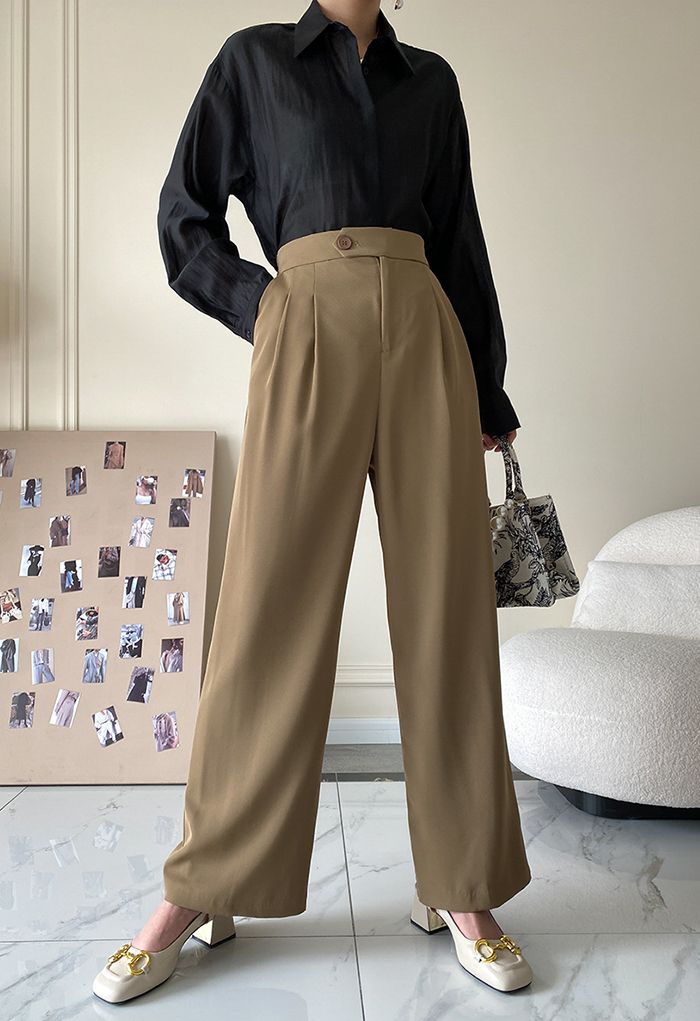 Buttoned Waist Pocket Wide Leg Pants in Tan - Retro, Indie and Unique ...
