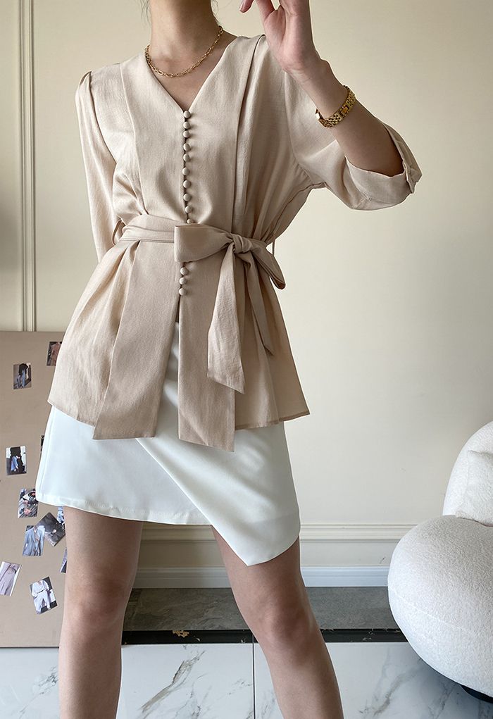 Elbow Sleeve Bowknot Waist Shirt in Champagne