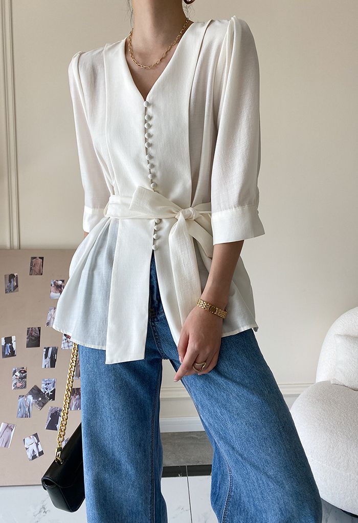 Elbow Sleeve Bowknot Waist Shirt in White - Retro, Indie and Unique Fashion
