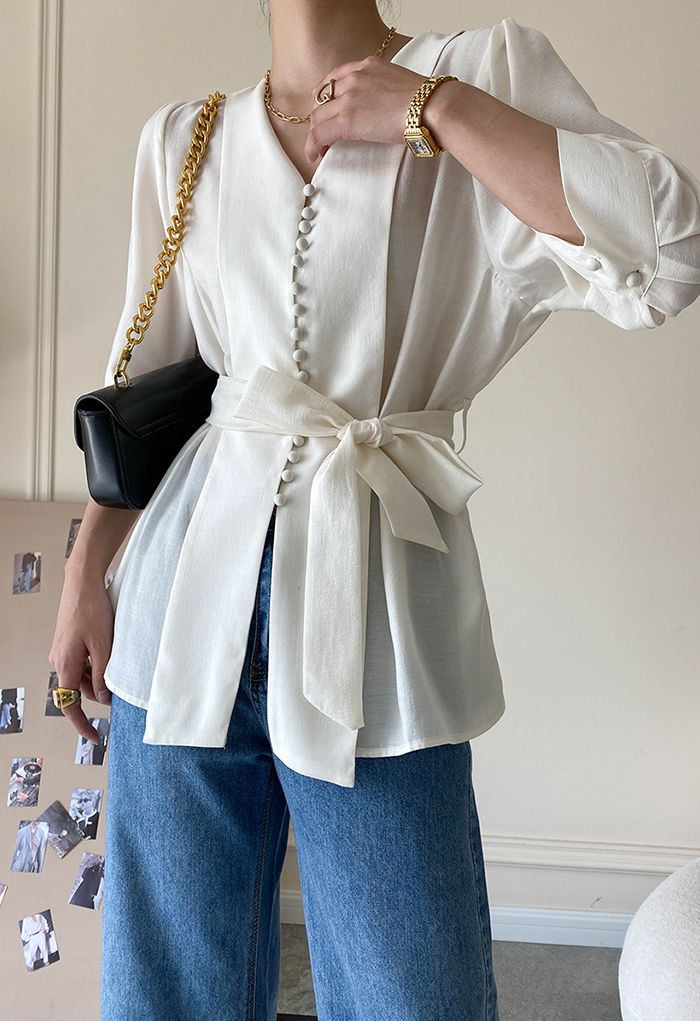 Elbow Sleeve Bowknot Waist Shirt in White