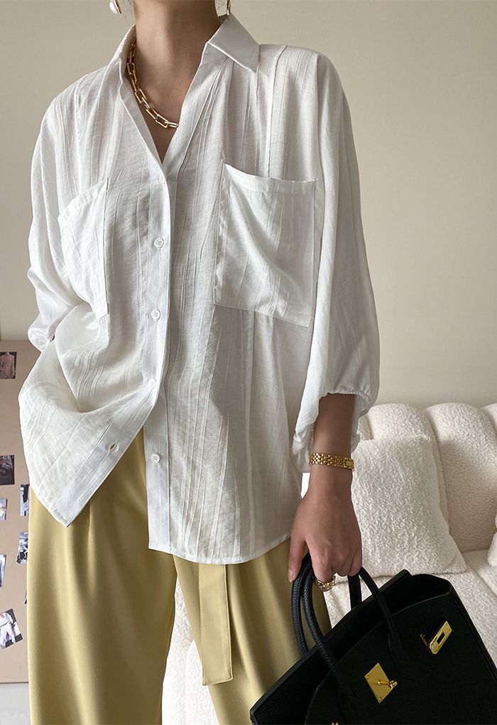 Button Down Bubble Sleeve Shirt in White