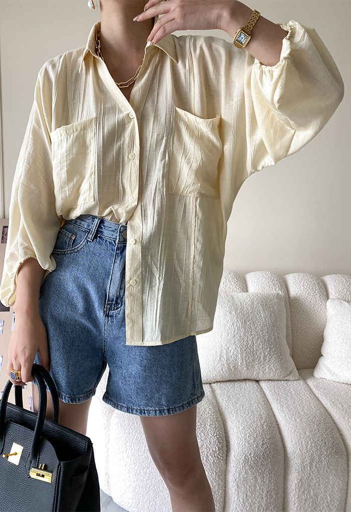 Button Down Bubble Sleeve Shirt in Cream - Retro, Indie and Unique Fashion
