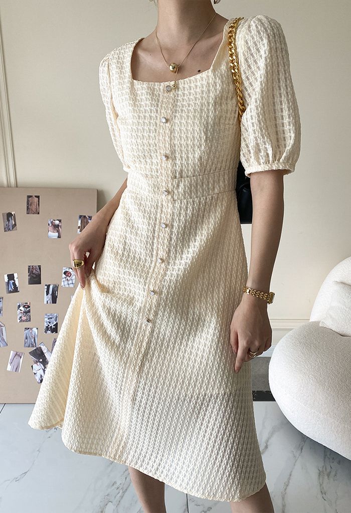 Square Neck Button Trims Textured Dress - Retro, Indie and Unique Fashion