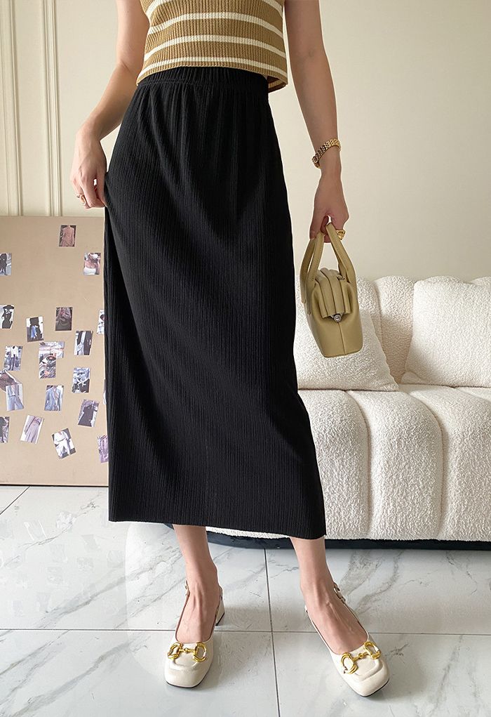 Plisse Textured Black Midi Skirt