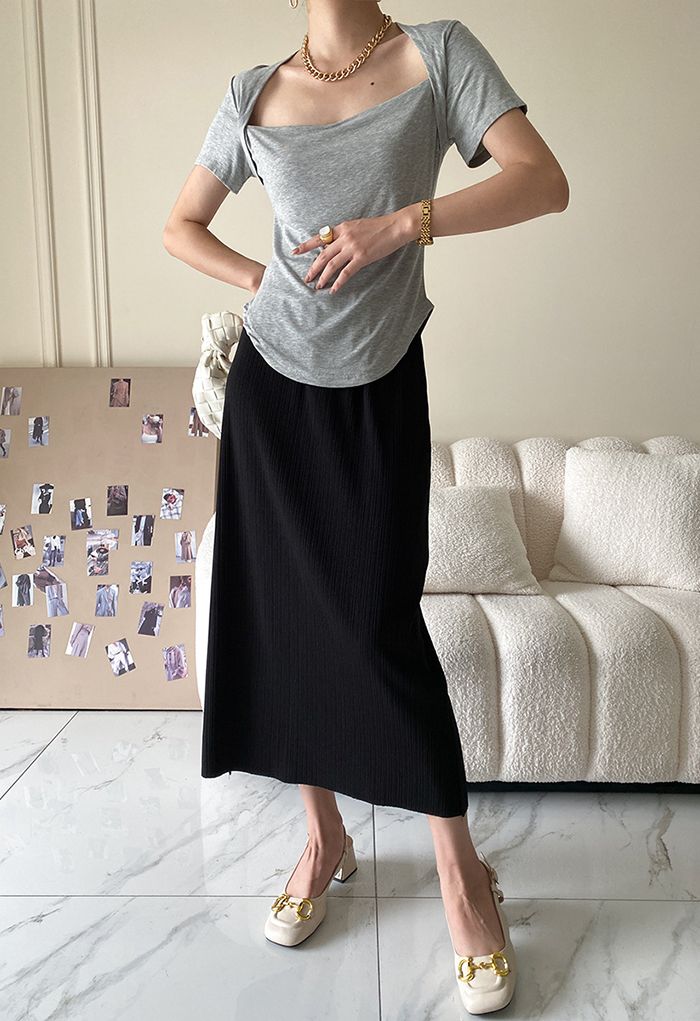Plisse Textured Black Midi Skirt