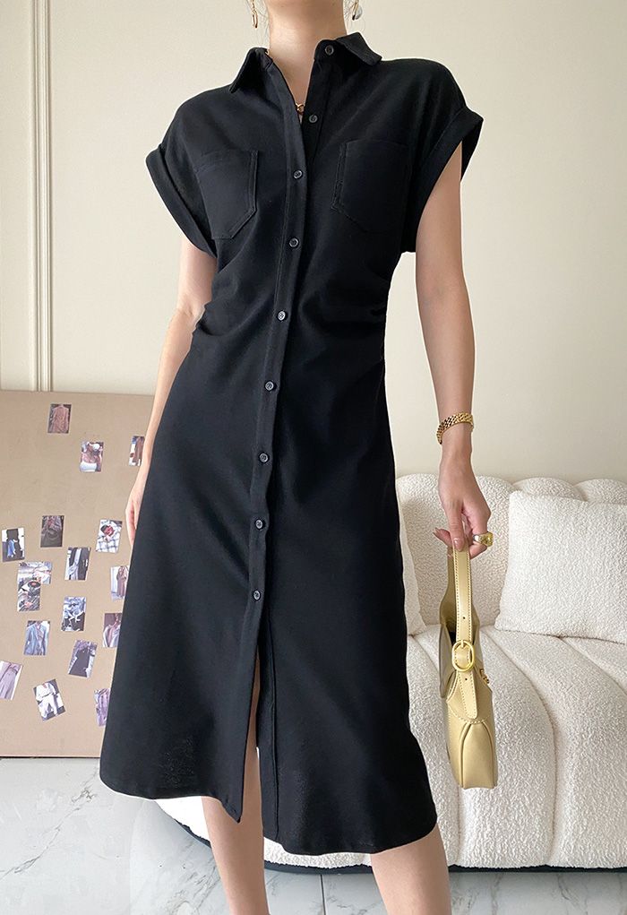 Button Down Ruched Side Polo Dress in Black - Retro, Indie and Unique ...