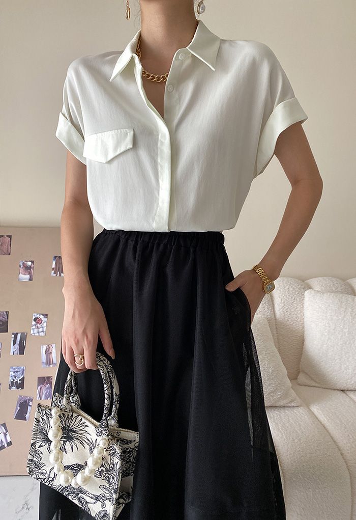 Pointed Collar Rolled Cuff Buttoned Shirt in White