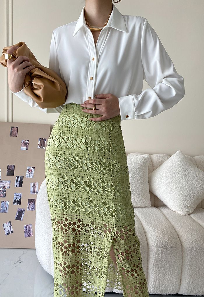 Hollow Out Crochet Split Pencil Skirt in Green