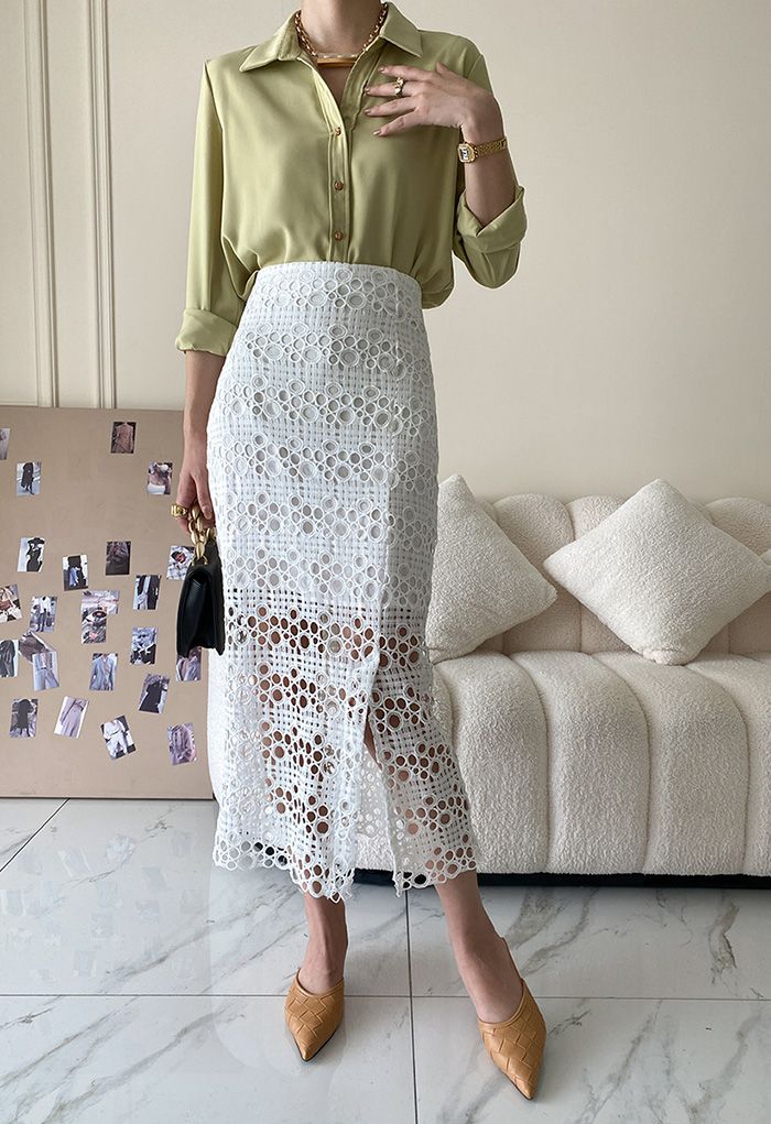 Hollow Out Crochet Split Pencil Skirt in White