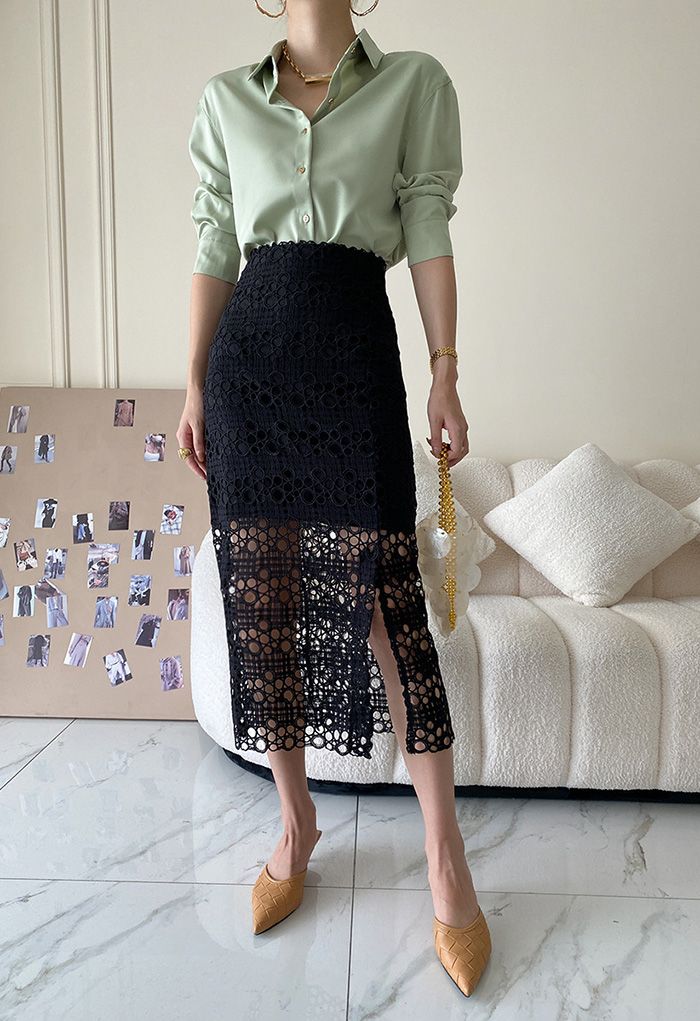 Hollow Out Crochet Split Pencil Skirt in Black