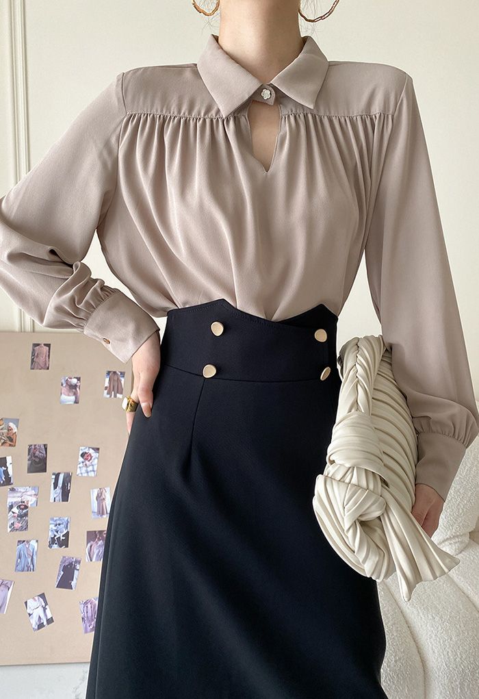 Long Sleeve Collared Shirt in Champagne - Retro, Indie and Unique Fashion