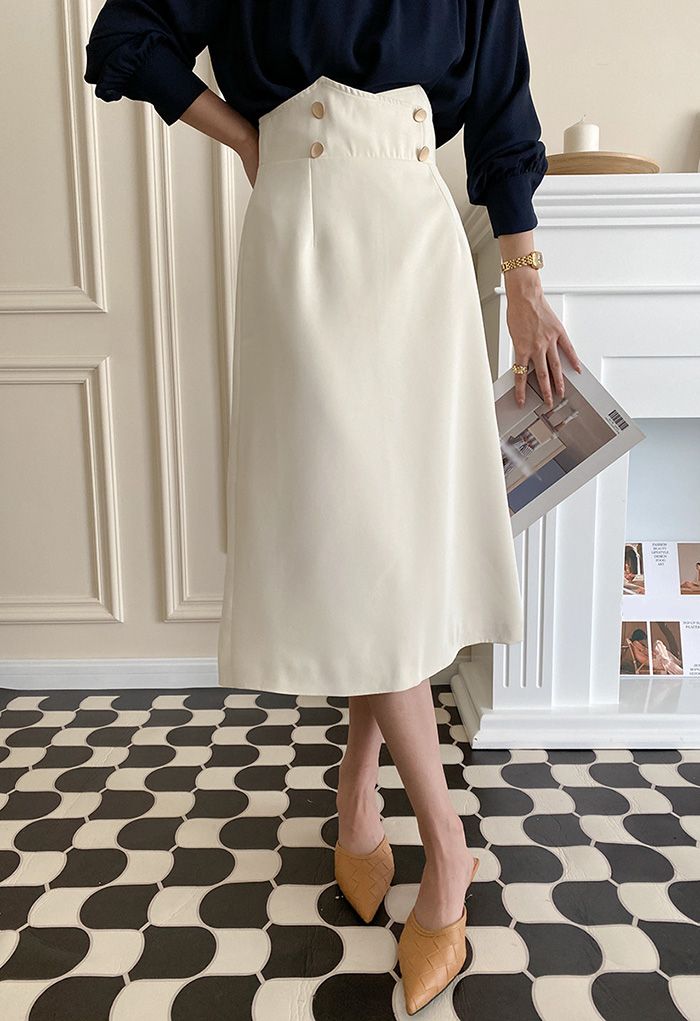 Asymmetric Waist Button Midi Skirt in Ivory - Retro, Indie and Unique ...