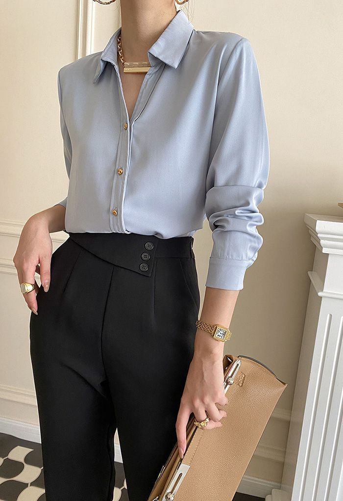 Golden Button Pointed Collar Shirt in Dusty Blue - Retro, Indie and ...