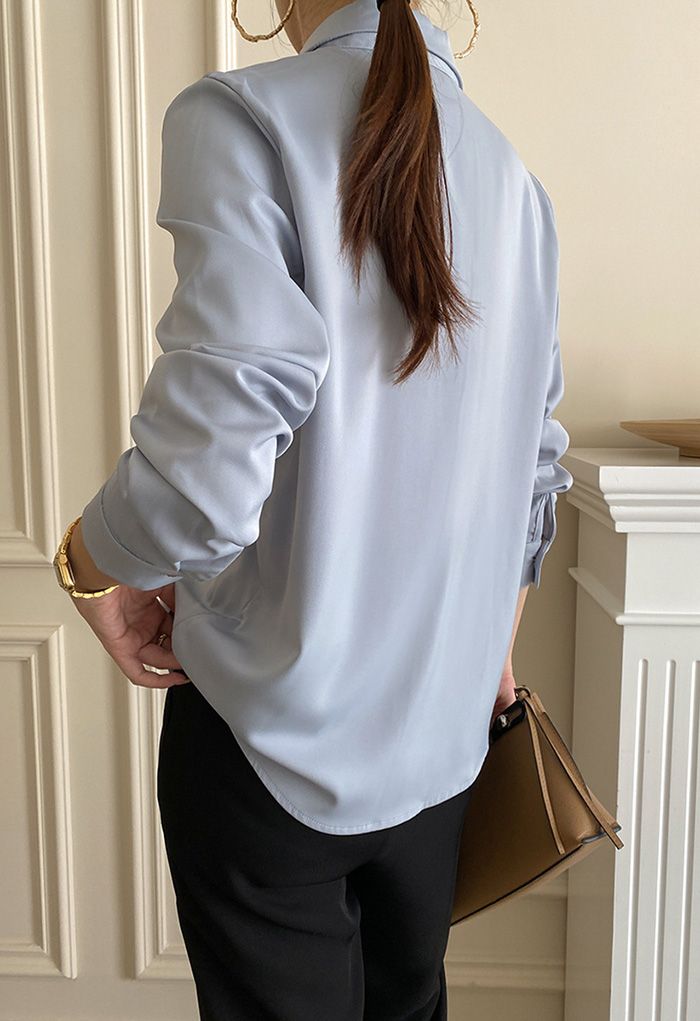 Golden Button Pointed Collar Shirt in Dusty Blue