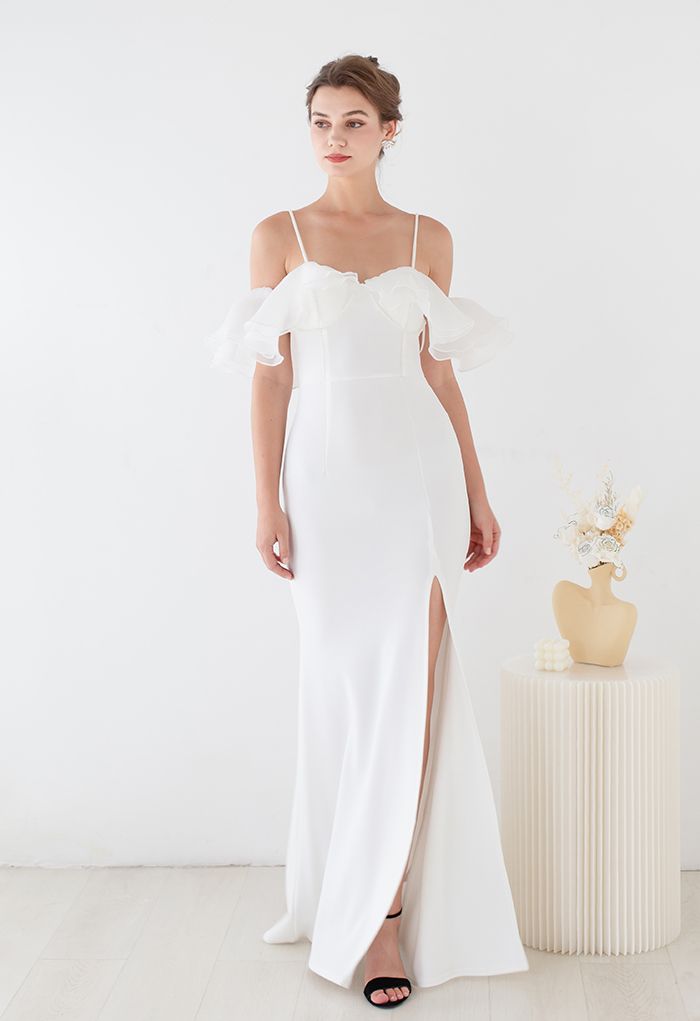 Tiered Mesh Ruffle Cold-Shoulder Split Mermaid Gown in White