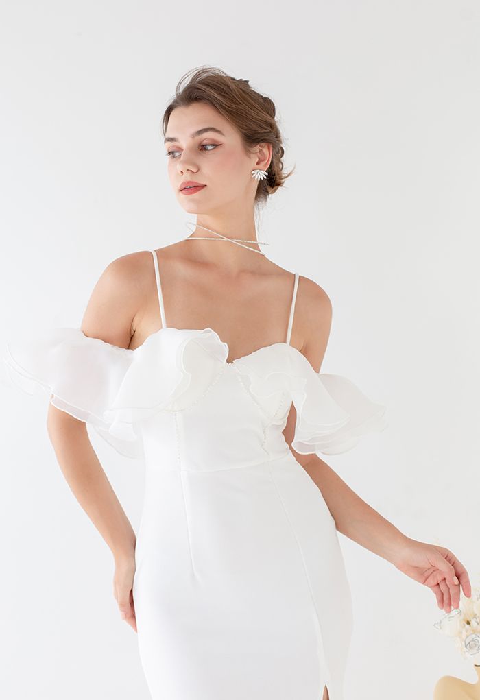 Tiered Mesh Ruffle Cold-Shoulder Split Mermaid Gown in White