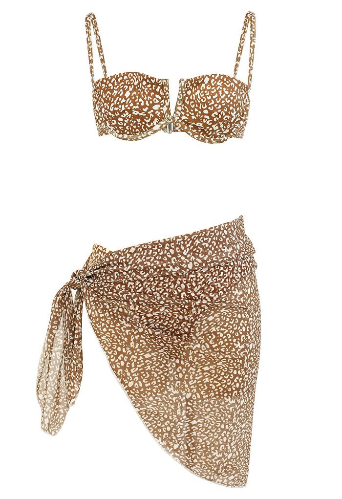 Leopard Print Bikini Set with Sarong in Brown