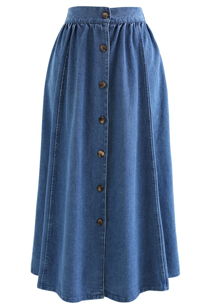 Button Down A-Line Denim Skirt in Blue - Retro, Indie and Unique Fashion