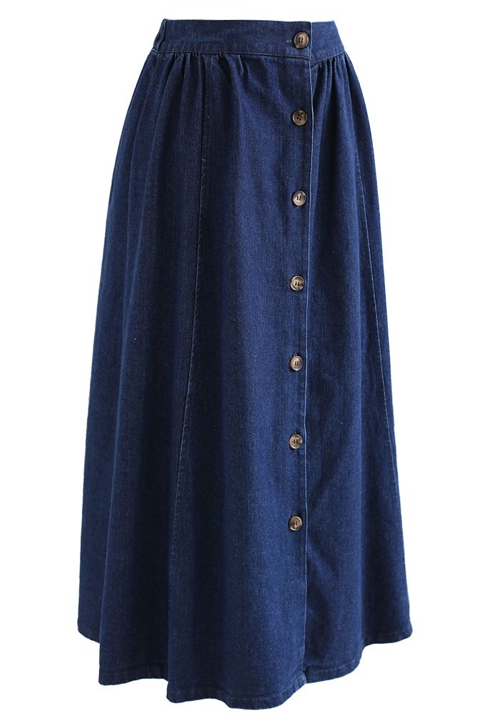 Button Down A-Line Denim Skirt in Dark Blue - Retro, Indie and Unique ...