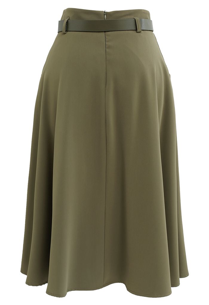 Front Pockets Belted Midi Skirt in Army Green