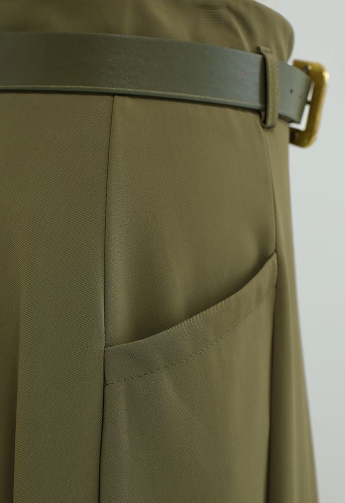 Front Pockets Belted Midi Skirt in Army Green